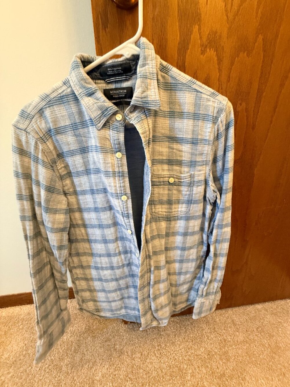 Nordstrom Men's Shop Plaid Long Sleeve Flannel Shirt Trim Fit Medium Light Blue